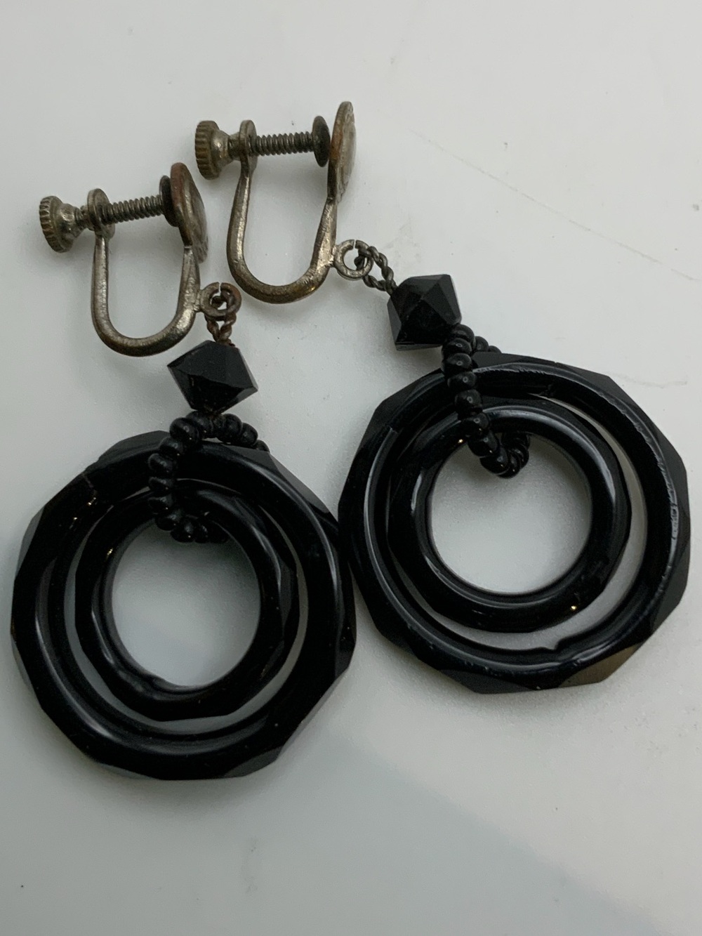 Mid-Century Modern Black Plastic Double Hoop Earrings